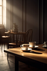 Fototapeta premium Coffee shop tables with orange walls, Generative AI illustration