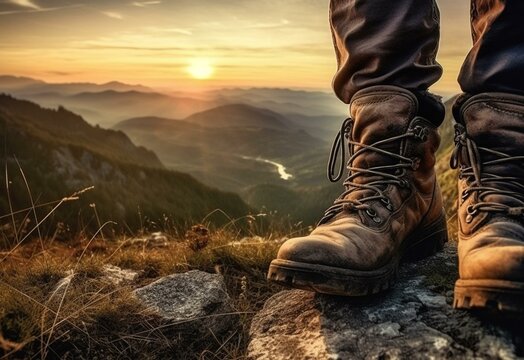 boots shoes, men in hiking and mountaineering shoes, view from sunrise, hiking, camping time, hiking, sunrise sunrise time, in the style of photo-realistic landscapes, 