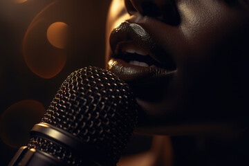 Black singer vocalist performing at show or karaoke, woman musician of African American ethnicity singing into microphone. Close-up of female sensual lips and mic. Generative AI