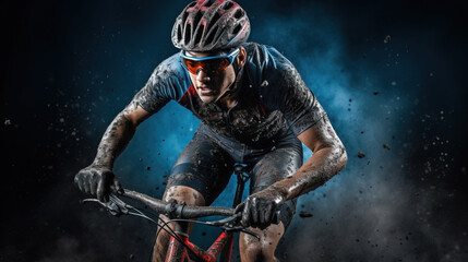 Studio shot of young man riding enduro bike in pile of mud, Generative AI illustration