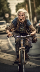Crazy granny riding bmx bike on the street. Generative Ai illustration