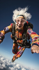 Crazy granny trying skydiving, Generative AI illustration - obrazy, fototapety, plakaty