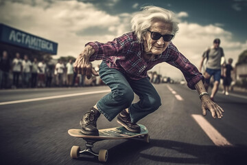 Crazy granny riding skateboard on the street, Generative Ai illustration - obrazy, fototapety, plakaty