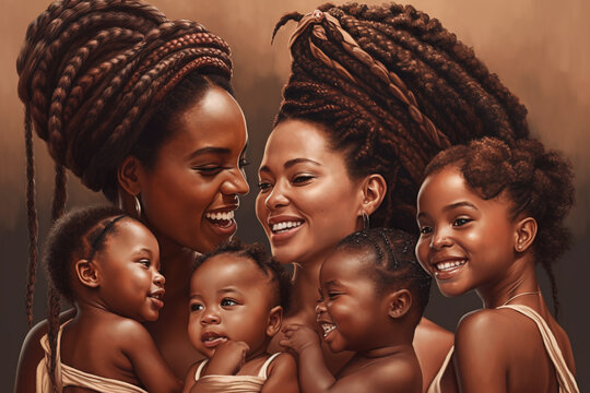 Group Portrait Of African Women And Their Children,  Generative AI Illustration