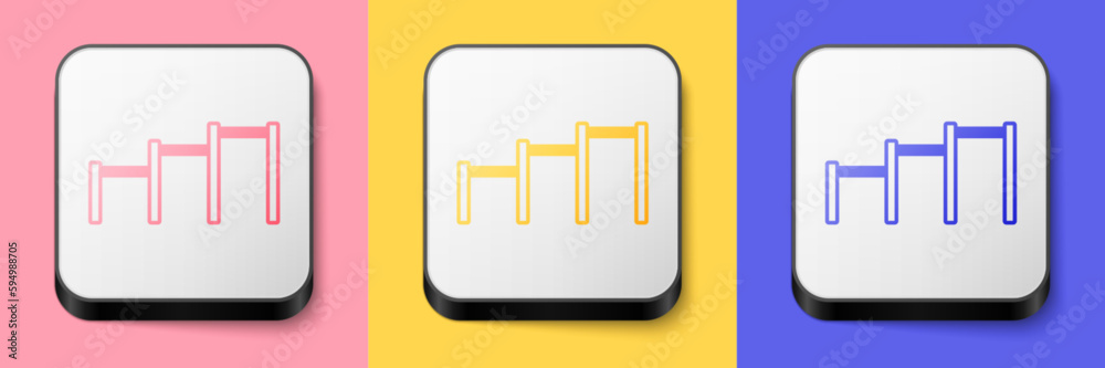 Poster Isometric Sport horizontal bar icon isolated on pink, yellow and blue background. Square button. Vector