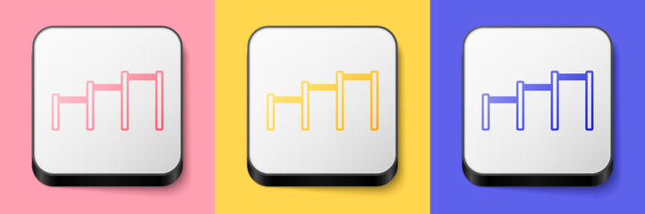 Isometric Sport horizontal bar icon isolated on pink, yellow and blue background. Square button. Vector