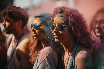Fototapeta premium People having a good time Holi fest. Generative Ai illustration