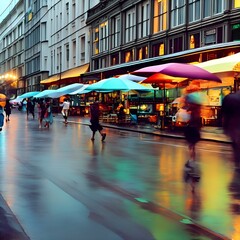 a city rain with umbrellas archtecture