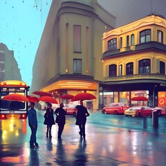 the umbrellas red in the city train