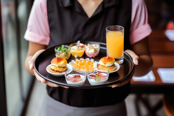 Waitress serving breakfast at a hotel or restaurant. Continental breakfast on a tray, selective focus. AI generated image