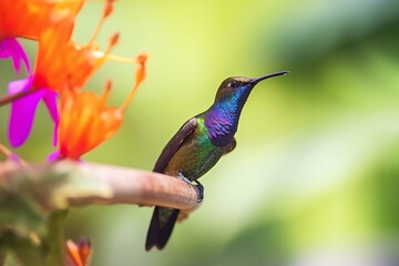 Hummingbird hovering next to blooming flowers. Beautiful hummingbird sucking nectar in flight. AI generated image