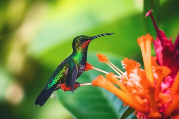 Hummingbird hovering next to blooming flowers. Beautiful hummingbird sucking nectar in flight. AI generated image