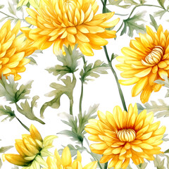 Seamless watercolor pattern with yellow chrysanthemums and leaves. Floral pattern for wallpaper or fabric. White background. Botanical tile. Generative AI