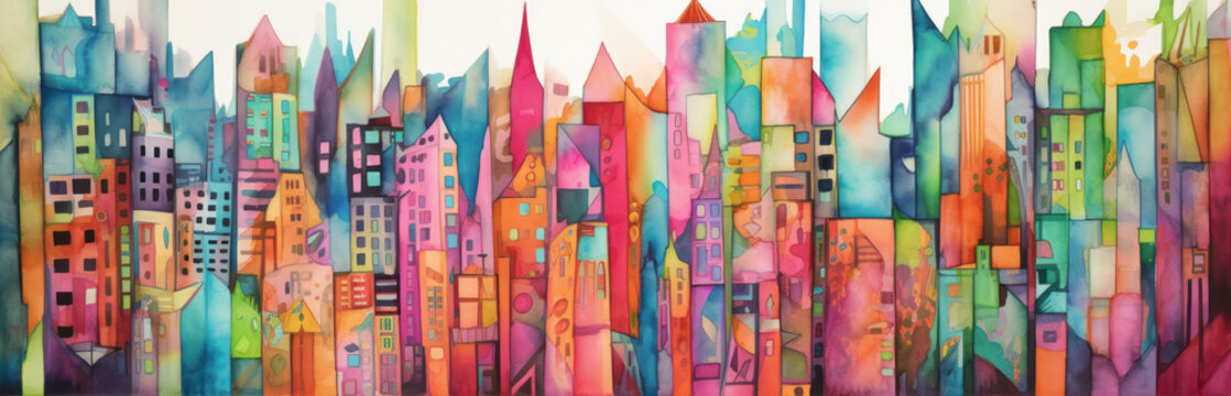 Jazzy, lively, colorful water color painting of a downtown city full of tall buildings and skyscrapers. Generative AI based.
