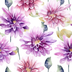 Seamless watercolor pattern with purple  chrysanthemums and leaves. Floral pattern for wallpaper or fabric. White background. Botanical tile. Generative AI