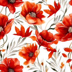 Seamless watercolor pattern with red adonis and leaves. Floral pattern for wallpaper or fabric. White background. Botanical tile. Generative AI