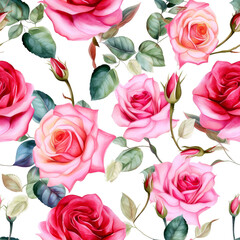 Seamless watercolor pattern with pink roses and leaves. Floral pattern for wallpaper or fabric. White background. Botanical tile. Generative AI