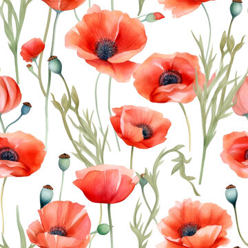 Seamless watercolor pattern with red poppies and leaves. Floral pattern for wallpaper or fabric. White background. Botanical tile. Generative AI
