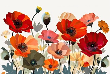Beautiful floral botanical pattern with poppy flowers on a white background. Spring concept. Generative AI