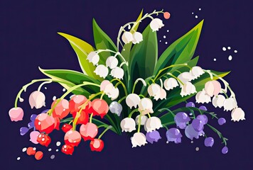 Beautiful lily of the valley bouquet. Greeting cards. Pattern from colorful flowers. Generative AI