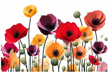 Fototapeta premium Beautiful floral botanical pattern with poppy flowers on a white background. Spring concept. Generative AI