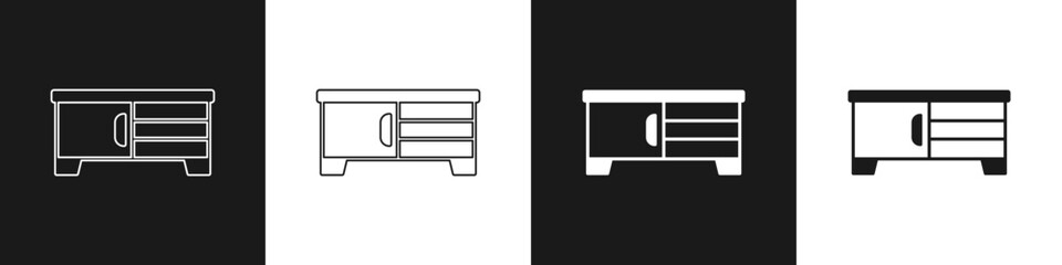 Set TV table stand icon isolated on black and white background. Vector