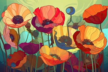Beautiful floral botanical pattern with poppy flowers on a white background. Spring concept. Generative AI