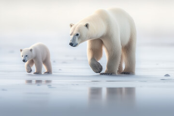 Obraz na płótnie Canvas Osos polares caminando entre el hielo y nieve, ilustración de IA generativa