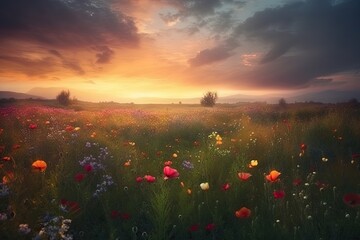 Amazing sunset over a beautiful landscape covered of flowers. Generative AI