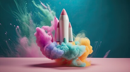 Colorful rocket launch to space with smoke of many colours. Generative AI