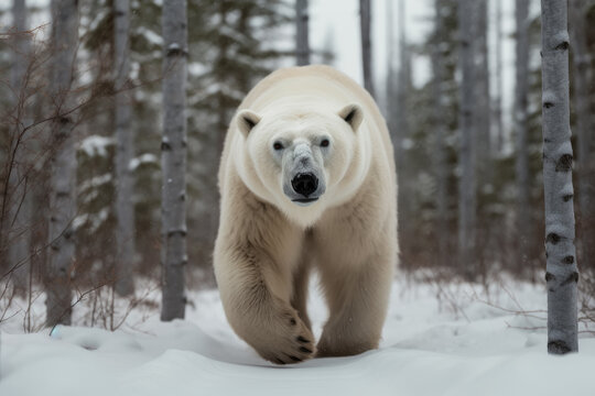 Oso polar caminando sobre la nieve sobre fondo de bosque helado