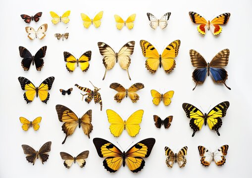 Mixed set of colored and beautiful butterflies on isolated white background. Generative AI