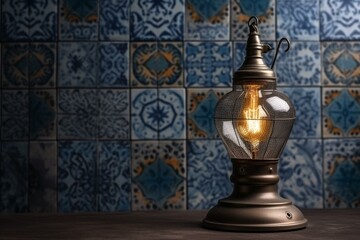Fototapeta na wymiar Vintage lamp on tiles background. Generative AI