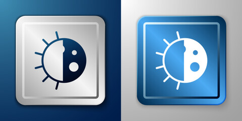 White Day night cycle icon isolated on blue and grey background. Day night concept, sun and moon. Silver and blue square button. Vector