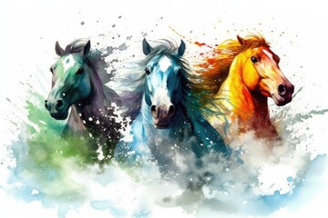 Obraz na płótnie Canvas three galloping horses in mid-air. Generative AI