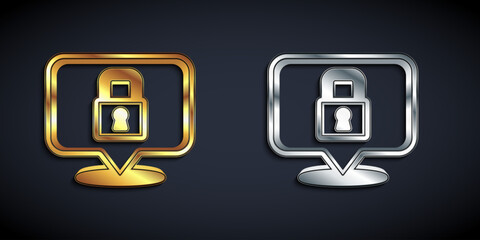 Gold and silver Lock icon isolated on black background. Padlock sign. Security, safety, protection, privacy concept. Long shadow style. Vector