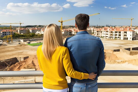 Couple looking at their new home. Concept about the acquisition of housing and the construction of a home for the young couple. Created with generative AI