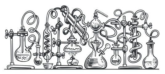 Laboratory equipment. Chemical research, sketch vector illustration. Concept for science, medicine and knowledge