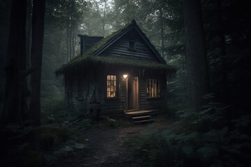 Old house is a hut in the forest. Eerie forest is a lonely shack covered with moss, the windows glow in the evening at dusk - obrazy, fototapety, plakaty