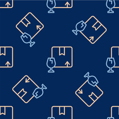 Line Delivery package box with fragile content symbol of broken glass icon isolated seamless pattern on blue background. Box, package, parcel sign. Vector