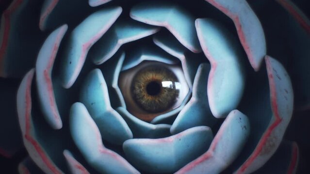 Eyeball Plant Stare Weird Scene Zoom In. Weird eye hidden inside a plant in a strange scene, zoom in. Close up