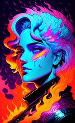 Illustration of fantasy Girl with hair with fire and ice aspect created with Generative AI Technology 