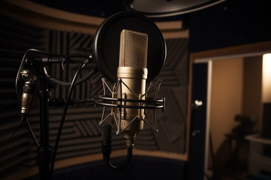 Studio microphone or mic for recording for vocal singer or commercial announcer with shock mount and pop filter on professional tripod in acoustic foam room for best sound and mix. Generative AI