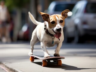 A dog riding a skateboard