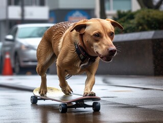 A dog riding a skateboard