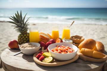 Fototapeta na wymiar breakfast in caribbean with fruits and coffee served table on beach. Generative AI