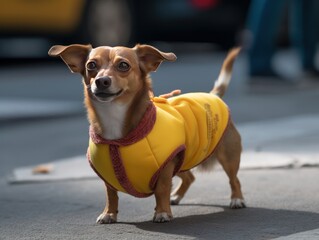 A dog wear a hot dog costume