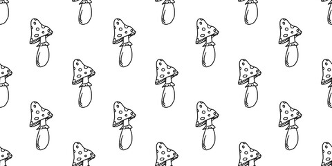 Seamless pattern of Fly Agaric mushrooms on white background, digital illustration. For wallpapers, backgrounds, fabric, textile, wrapping paper