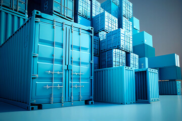 Shipping containers stack  illustration, flat cartoon blue large cargo containers Generative AI