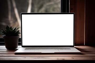 Fototapeta premium Computer laptop with blank empty screen for copy space text on working desk table or workplace illustration flat cartoon, pc with empty display work place office modern design Generative AI